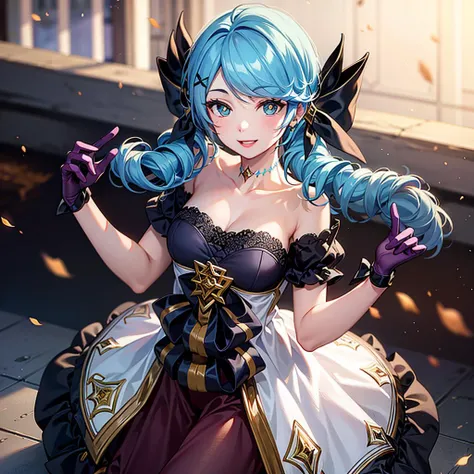 (realistic, Photorealistic:1.3),(full body:1.1), blue flames, holding a absurdly big scissors, (small breasts:1.1), teenage,1girl, absurdres, black bow, black gloves, black legwear, blue eyes, blue hair, bow, collarbone, dress, drill hair, frilled dress, frills, gloves, gwen \(league of legends\), hair ornament, highres, league of legends, long hair, parted lips, puffy sleeves, pink pupils, smile, solo, white dress, x, x hair ornament, white high heels, ankle ribbon, floating, pantyhose diamond pattern, <lora:gwenFromLeagueOf_gwenLolV1:1>,