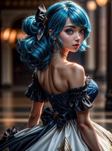 4k, 8k, best quality, ultra high res, (photorealistic:1.1),(masterpiece:1.2), best quality, masterpiece, highres, original, extremely detailed wallpaper, (ultra-detailed), (best illustration), (eyes detailed), (best shadow), (realism), realistic, 1girl, ((one blue eyes, one red eyes)), black bow, black gloves, black legwear, blue eyes, blue hair, bow, collarbone, dress, drill hair, frilled dress, frills, gloves, gwen \(league of legends\), ancient ruins, night, trees, close up, <lora:more_details:0.65>, <lora:gwen-000037:0.8>