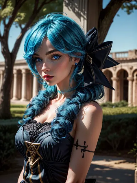 4k, 8k, best quality, ultra high res, (photorealistic:1.1),(masterpiece:1.2), best quality, masterpiece, highres, original, extremely detailed wallpaper, (ultra-detailed), (best illustration), (eyes detailed), (best shadow), (realism), realistic, 1girl, medium breasts, ((one blue eyes, one red eyes)), black bow, black gloves, black legwear, blue eyes, blue hair, bow, collarbone, dress, drill hair, A sleeveless dress, frills, gloves, gwen \(league of legends\), ancient ruins, night, trees, close up, <lora:more_details:0.65>, <lora:gwen-000037:0.85>