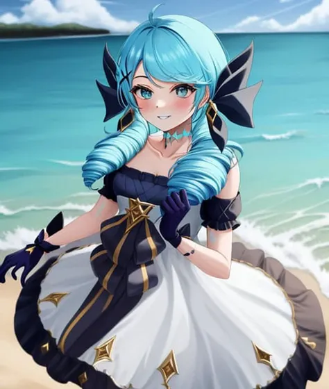 beach, 1girl, absurdres, black bow, black gloves, black legwear, blue eyes, blue hair, bow, collarbone, dress, drill hair, frilled dress, frills, gloves, , hair ornament, highres, league of legends, long hair, parted lips, puffy sleeves, pink pupils, smile, solo, white dress, x, x hair ornament
<lora:gwenFromLeagueOf_gwenLolV1:1>
