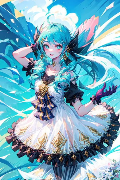 beach, 1girl, absurdres, black bow, black gloves, black legwear, blue eyes, blue hair, bow, collarbone, dress, drill hair, frilled dress, frills, gloves, gwen \(league of legends\), hair ornament, highres, league of legends, long hair, parted lips, puffy sleeves, pink pupils, smile, solo, white dress, x, x hair ornament