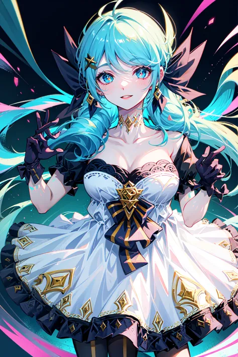 1girl, absurdres, black bow, black gloves, black legwear, blue eyes, blue hair, bow, collarbone, dress, drill hair, frilled dress, frills, gloves, gwen \(league of legends\), hair ornament, highres, league of legends, long hair, parted lips, puffy sleeves, pink pupils, smile, solo, white dress, x, x hair ornament,large breasts, indoors,half_naked