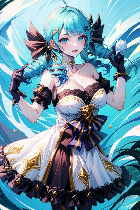 1girl, absurdres, black bow, black gloves, black legwear, blue eyes, blue hair, bow, collarbone, dress, drill hair, frilled dress, frills, gloves, gwen \(league of legends\), hair ornament, highres, league of legends, long hair, parted lips, puffy sleeves, pink pupils, smile, solo, white dress, x, x hair ornament,large breasts,