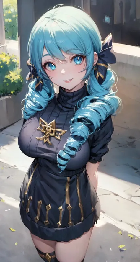 (mastepiece) 1girl,gwen, league of legends, blue hair, drill hair, looking at viewer, black sweater, arms behind back, from above, smile