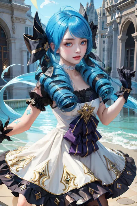 realistic, masterpiece, final detail, photo realistic, intricate detail, octane render, 8k, 1girl, full bodyperfect face, beautiful face, nswf, see trough, detail hair,
black bow, black gloves, black legwear, blue eyes, blue hair, bow, collarbone, dress, drill hair, frilled dress, frills, gloves, gwen , hair ornament, highres, long hair, parted lips, puffy sleeves, purple pupils, smile, solo, white dress, <lora:aiBeautyIthlinni_face:0.2> <lora:seeThroughSwimsuitAnd_seeThroughSwimsuitV1:0.2> <lora:shinyOiledSkin_v1:0.2>, oil skin,