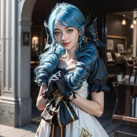 Best quality, masterpiece, ultra high res, (photorealistic:1.4), raw photo, 1girl, black bow, black gloves, black legwear, blue eyes, blue hair, bow, collarbone, dress, drill hair, frilled dress, frills, gloves, gwen \(league of legends\), hair ornament, highres, league of legends, long hair, parted lips, puffy sleeves, pink pupils, smile, solo, white dress, x, x hair ornament, <lora:gwen-000037:1>