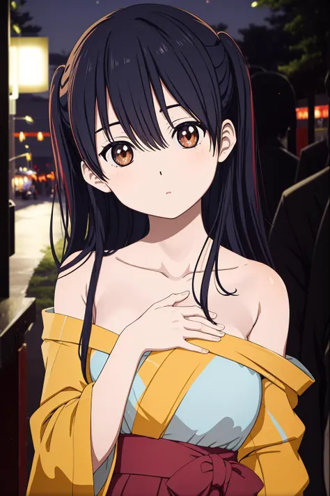 Ichigyou Ruri,solo,kimono,hand on breasts,(night:1.2),dim lighting, street,upper body, blush,head tilt,brown eyes, bare shoulder,
