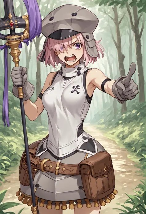 1girl, grey skin, colored skin, short hair, pink hair, purple eyes, hair over one eye. medium breasts, white dress, sleeveless, armlet, grey gloves, grey headwear, hat, bag, armored dress, pouch, belt, angry, open mouth, grey boots,outdoors, forest, holding staff, standing, pointing at viewer, cowboy shot <lora:Castoria:1> <lora:Mashu:1>, score_9, score_8_up, score_7_up, score_6_up, score_5_up, score_4_up, BREAK source_anime, masterpiece