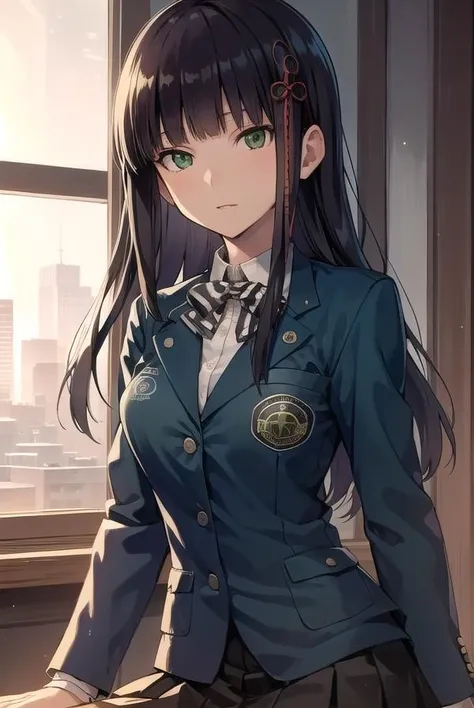 hifumitougou, <lora:hifumitougou-lora-nochekaiser:1>,
hifumi tougou, (green eyes:1.5), black hair, long hair, bangs, blunt bangs,
BREAK blazer, bow, bowtie, hair ornament, jacket, kneehighs, loafers, shoes, skirt, socks, black skirt, (blue blazer:1.5),
BREAK looking at viewer, full body,
BREAK indoors, classroom,
BREAK <lyco:GoodHands-beta2:1>, (masterpiece:1.2), best quality, high resolution, unity 8k wallpaper, (illustration:0.8), (beautiful detailed eyes:1.6), extremely detailed face, perfect lighting, extremely detailed CG, (perfect hands, perfect anatomy),
