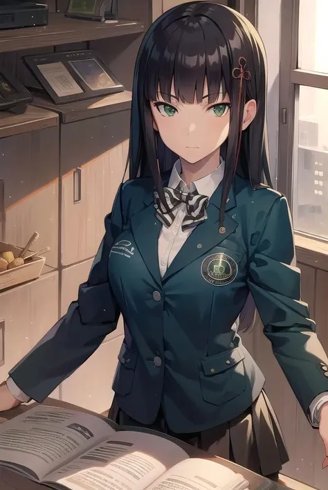 hifumitougou, <lora:hifumitougou-lora-nochekaiser:1>,
hifumi tougou, (green eyes:1.5), black hair, long hair, bangs, blunt bangs,
BREAK blazer, bow, bowtie, hair ornament, jacket, kneehighs, loafers, shoes, skirt, socks, black skirt, (blue blazer:1.5),
BREAK looking at viewer, full body,
BREAK indoors, classroom,
BREAK <lyco:GoodHands-beta2:1>, (masterpiece:1.2), best quality, high resolution, unity 8k wallpaper, (illustration:0.8), (beautiful detailed eyes:1.6), extremely detailed face, perfect lighting, extremely detailed CG, (perfect hands, perfect anatomy),