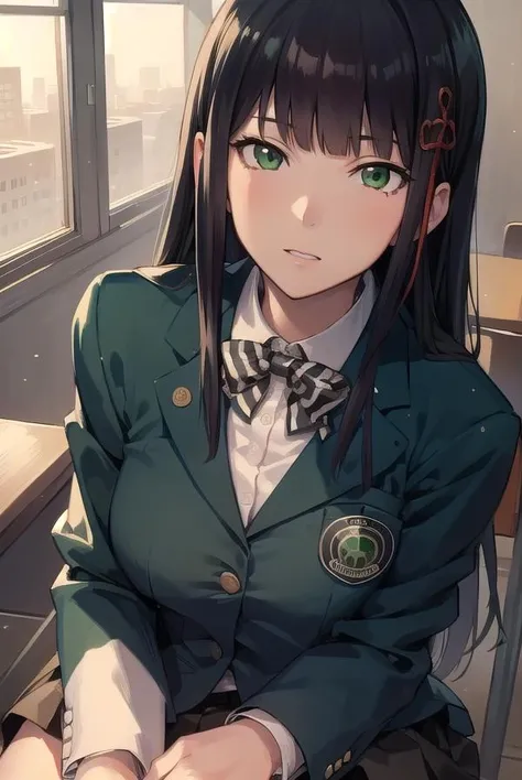 hifumitougou, <lora:hifumitougou-lora-nochekaiser:1>,
hifumi tougou, (green eyes:1.5), black hair, long hair, bangs, blunt bangs,
BREAK blazer, bow, bowtie, hair ornament, jacket, kneehighs, loafers, shoes, skirt, socks, black skirt, (blue blazer:1.5),
BREAK looking at viewer, full body,
BREAK indoors, classroom,
BREAK <lyco:GoodHands-beta2:1>, (masterpiece:1.2), best quality, high resolution, unity 8k wallpaper, (illustration:0.8), (beautiful detailed eyes:1.6), extremely detailed face, perfect lighting, extremely detailed CG, (perfect hands, perfect anatomy),