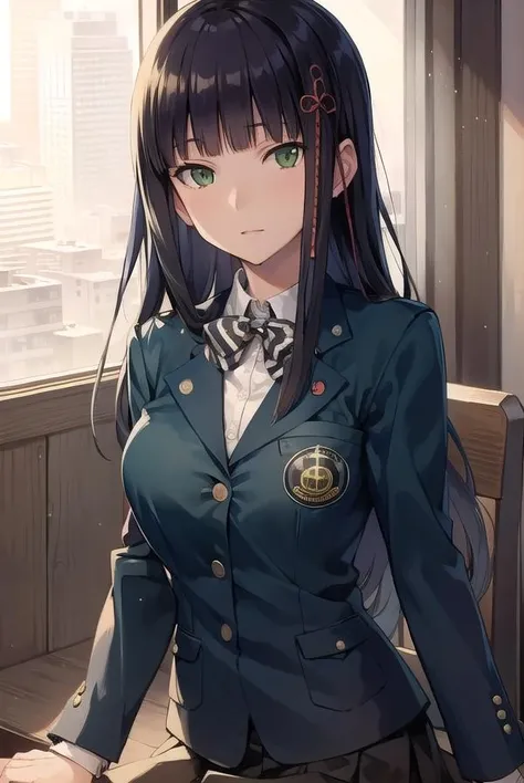 hifumitougou, <lora:hifumitougou-lora-nochekaiser:1>,
hifumi tougou, (green eyes:1.5), black hair, long hair, bangs, blunt bangs,
BREAK blazer, bow, bowtie, hair ornament, jacket, kneehighs, loafers, shoes, skirt, socks, black skirt, (blue blazer:1.5),
BREAK looking at viewer, full body,
BREAK indoors, classroom,
BREAK <lyco:GoodHands-beta2:1>, (masterpiece:1.2), best quality, high resolution, unity 8k wallpaper, (illustration:0.8), (beautiful detailed eyes:1.6), extremely detailed face, perfect lighting, extremely detailed CG, (perfect hands, perfect anatomy),