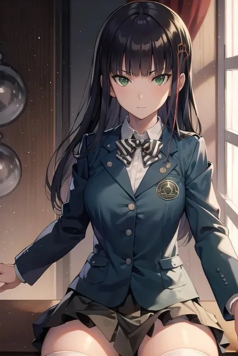 hifumitougou, <lora:hifumitougou-lora-nochekaiser:1>,
hifumi tougou, (green eyes:1.5), black hair, long hair, bangs, blunt bangs,
BREAK blazer, bow, bowtie, hair ornament, jacket, kneehighs, loafers, shoes, skirt, socks, black skirt, (blue blazer:1.5),
BREAK looking at viewer, full body,
BREAK indoors, classroom,
BREAK <lyco:GoodHands-beta2:1>, (masterpiece:1.2), best quality, high resolution, unity 8k wallpaper, (illustration:0.8), (beautiful detailed eyes:1.6), extremely detailed face, perfect lighting, extremely detailed CG, (perfect hands, perfect anatomy),