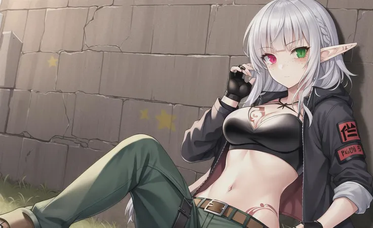 anime style, solo, 1girl, masterpiece, best quality, (full-body), beautiful woman, ((silver hair)), long hair, elf ears, (medium breasts:1.1),(detailed body:1.0)detailed face,(detailed eyes:0.8),(heterochromia), sharingan, midriff, freckles, tattoos, dynamic background, (Ella Freya), fingerless gloves, crop top, tactical cargo pants, military long jacket, belts, crumbling wall, brick wall, alleyway, trash, ((graffiti)), pierced