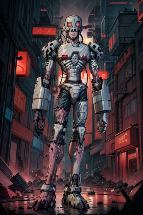 ((masterpiece,best quality)), absurdres, (glowing neon red lights, cyberpunk city ),
<lora:Andromon_Digimon_Anime:0.8>, Andromon_Digimon,
solo, looking at viewer, dynamic pose,
neon lights, cinematic composition,
<lora:more_details:0.8>