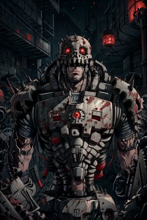 [[We are legion, rejoice in the coming oblivion, skulls for the skull throne]],
Complex ultra detailed portrait photo, ((masterpiece,best quality)), absurdres, (rusty metal:1, big bolts, cracked metal, grunge, dirty metal),
<lora:Andromon_Digimon_Anime:0.9>, Andromon_Digimon, upper body, 1boy, manly, 
solo, looking at viewer, facing viewer, 
(red metal, black metal, spikes, giant gears),
cinematic composition,
<lora:more_details:0.8>
<lora:ChaosMarineStyleAISD15:0.5> ChaosMarineStyleAI,