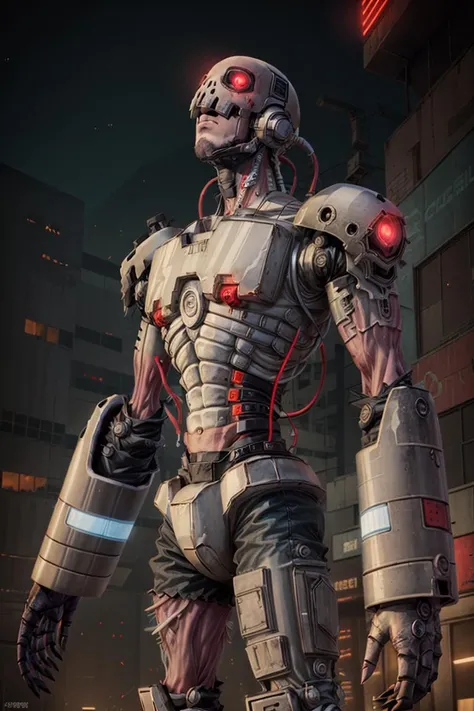 Complex ultra detailed photo, ((masterpiece,best quality)), absurdres,
<lora:Andromon_Digimon_Anime:0.9>, Andromon_Digimon, upper body,
solo, looking at viewer, cowboy shot,
dystopian, neon lights, cinematic composition,
dark, intricate, highly detailed, <lora:more_details:0.8>