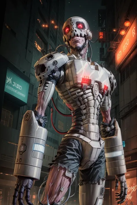 (score_9, score_8_up, score_7_up, score_6_up) BREAK (furry, source furry, uploaded on e621) BREAK robot, android, android skin, barcode tattoos on the body, (broken neck:1.2, damaged belly:1.2, cracked arms:1.2), cracked chest, solo, male, adult, nude, athletic, thin waist, white arctic fox, white fur, short messy dark blue hair, cute young face, talking, black mouth, canine teeth, glowing blue robotic eyes, hard nipples, black speedo, belt, tool belt, holster, mechanical components, blue mechanical parts, gun, handgun, holding handgun, hand holding handgun, attacking, attacking the cyberpunk back alley, cyberpunk back alley, cyberpunk back alley background, angry expression, looking away, BREAK good quality, best quality, high quality, high definition, hd, 4k, 8k, masterpiece, good proportion, perfect proportion, good anatomy, perfect anatomy