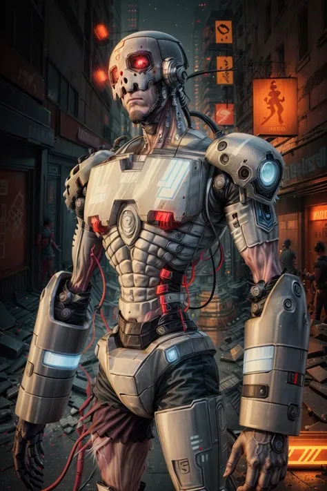 The determination of the fighter. Generate cyberpunk-style images, Buildings,Strong male warrior standing tall in neon lit cityscape. Armed with high-tech weapons,Future technology,He embodies honor and integrity, Get ready to fight for the truth. The image should reflect his determination in fitting,blasts,Escape from people in distress