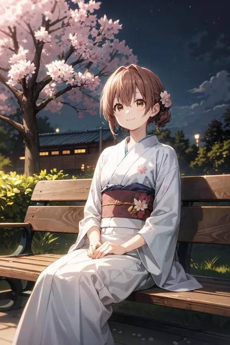 (masterpiece),(best quality),<lora:shouko_nishimiya_v3:0.8>, shouko_nishimiya, brown hair, brown eyes, kimono,  bench, sitting, park, night, sakura, promenade, smile, sun, sunlight, <lora:Adddetail:0.7>