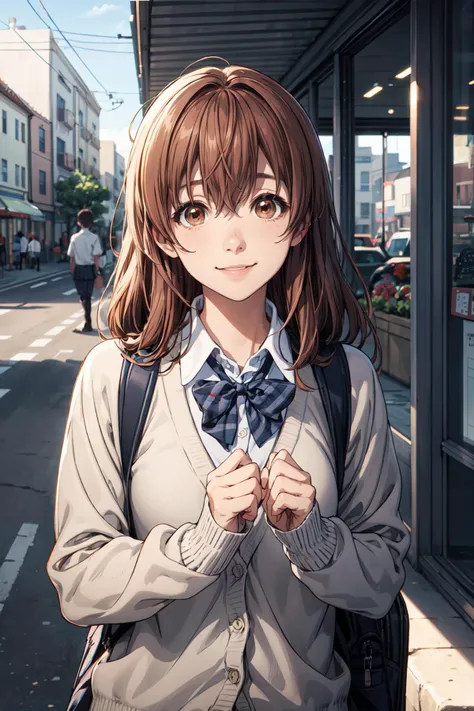 (masterpiece),(best quality),<lora:shouko_nishimiya_v3:0.8>, shouko_nishimiya, brown hair, brown eyes, school uniform, cardigan, smile,  school bag, looking at the viewer,sunlight, street, shops, <lora:Adddetail:0.7>