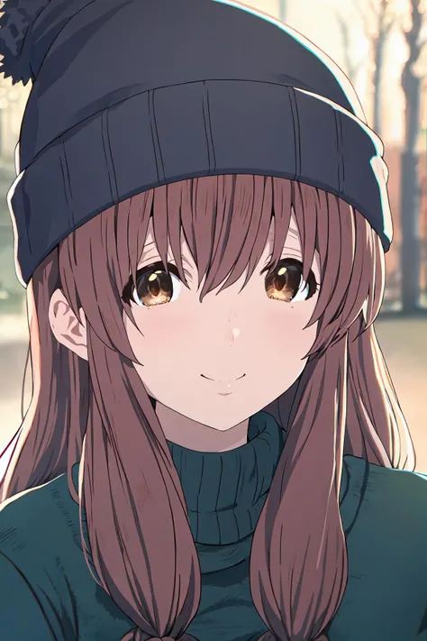 (best quality), (masterpiece), shouko_nishimiya, brown hair, long hair, brown eyes, sweater, beanie, looking at viewer, smiling, blushing, park, winter, <lora:shouko_nishimiya:1>
