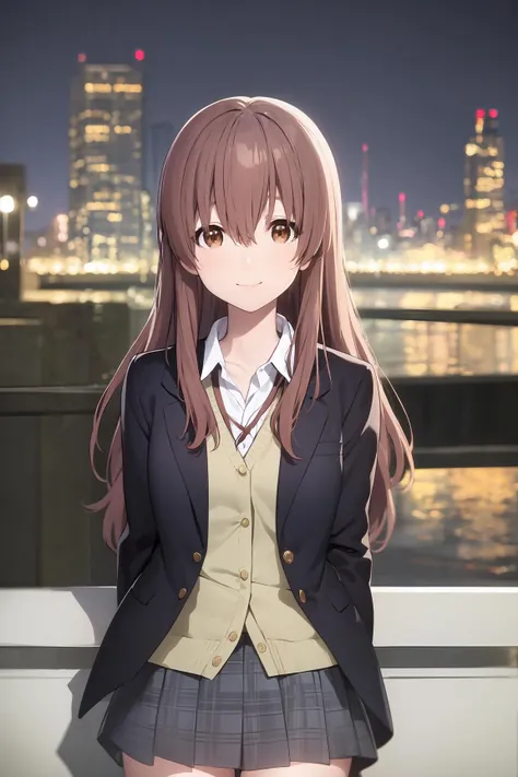 (best quality), (masterpiece), shouko_nishimiya, brown hair, long hair, brown eyes, blazer, skirt, looking at viewer, smiling, city, night, <lora:shouko_nishimiya:1>