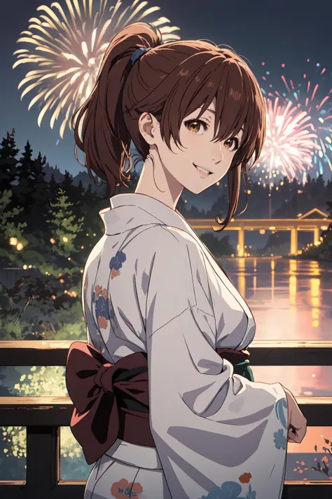 (best quality), (masterpiece), shouko_nishimiya, brown hair, ponytail, brown eyes, yukata, looking at viewer, smiling, bluhing, hill, forest, fireworks, cityscape, <lora:shouko_nishimiya:1>