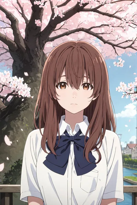 (best quality), (masterpiece), shouko_nishimiya, brown hair, long hair, brown eyes, school uniform, bowtie, looking at viewer, upper body, city, trees, cherry blossoms, windy, flying petals, canal, sunny, <lora:shouko_nishimiya:1>