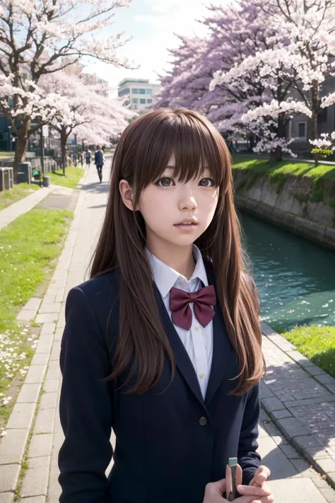 (best quality), (masterpiece), shouko_nishimiya, brown hair, long hair, brown eyes, school uniform, bowtie, looking at viewer, upper body, city, trees, cherry blossoms, windy, flying petals, canal, sunny, <lora:shouko_nishimiya_v3:1>