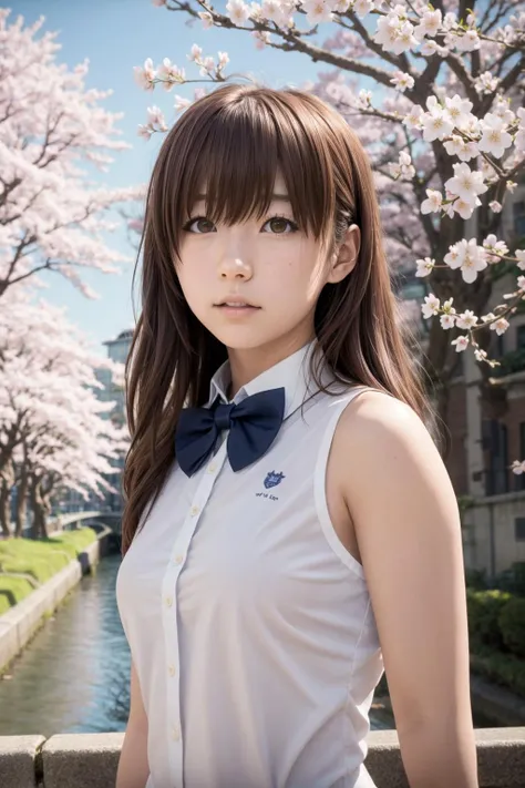 (best quality), (masterpiece), shouko_nishimiya, brown hair, long hair, brown eyes, school uniform, bowtie, looking at viewer, upper body, city, trees, cherry blossoms, windy, flying petals, canal, sunny, <lora:shouko_nishimiya_v3:1>