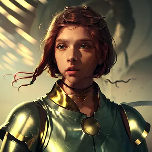 masterpiece, best quality, highres, visual key, illustration, 1girl, solo, detailed short red hair, bangs, detailed gold eyes, choker, fantasy clothing, magician, wizard, standing, standing in fantasy town center, floating magical lights, dynamic angle, ulzzang, pureerosface_v1, aurora_face, <lora:arurora_aknes:1>