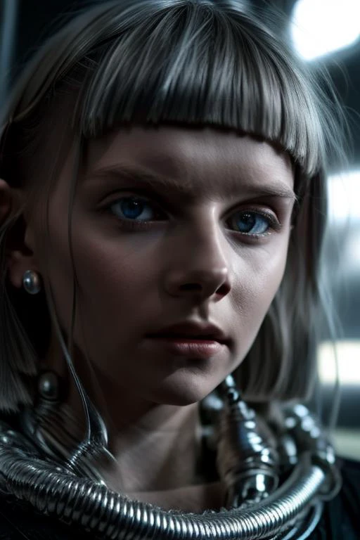 aurora_face, ( AS-Younger:1), A cinematic shot of a slender 12 yo woman scientist with natural lips seen from behind, looking up at the viewer, engrossed in her cozy spaceship cabin. wearing a futuristic navy armour short sleeve suite. flirting with the camera, blurry. short silver hair, ponytail, sweat bang on hair, (blue:1.1) eyes, sweat on a skin with drops of sweat dripping from the temples, spaceship environment, computers, test tubes. bright blue earrings, detailed skin and face, warm soft lighting, <lora:ClothingAdjuster2:0.3>, <lora:LowRA:0.3> <lora:arurora_aknes:1>