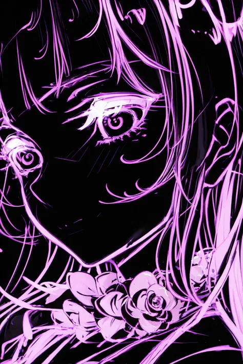 lineart, bob cut, neon, <lora:vineo:0.8>, monochrome, pink, close up, flower, attention to detail,