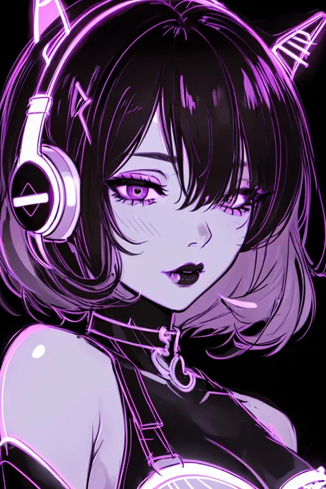 lineart, bob cut, neon, <lora:vineo:0.8>, monochrome, pink, close up, attention to detail, sketch of a girl, thunder, shining eyes, black background, headphones, half closed eyes, hair over one eye, cyber, pink lipstick, cleavage, choker