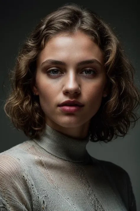 PA7_Photo_v3, PA7_Human-Likeness, photomodel, short hair, curly hair, green eyes, black turtleneck sweater, {white|blue|red|grey|yellow} background
PA7_Portrait-MS