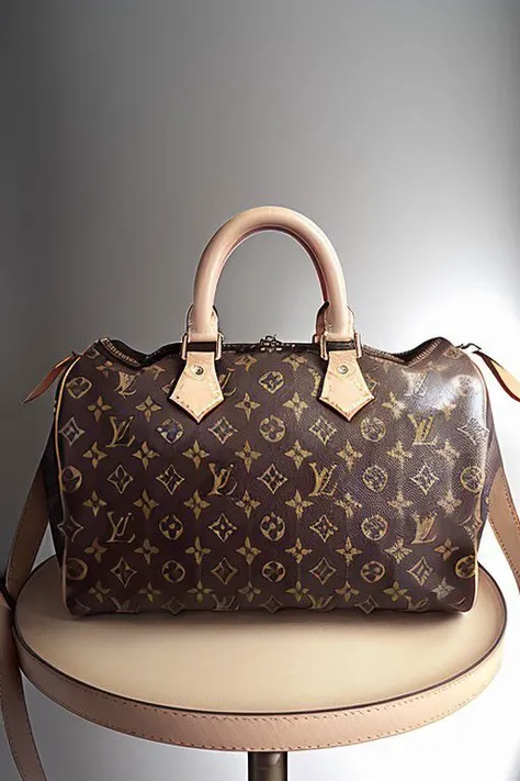 product photography of Louis Vuitton speedy handbag, dynamic lighting, simple background, craftsmanship