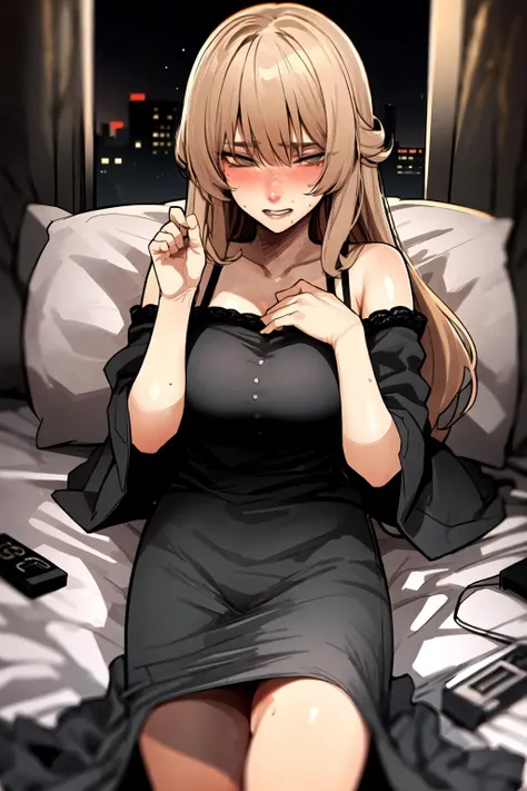 ((masterpiece)), (Highest quality), (detailed), (1 Girl),,Red eyes,Light brown hair、Long Hair、Wolf Ear、,bed、Large Breasts、Embarrassed、blush、T-Shirts(tight)Maxi Dresses