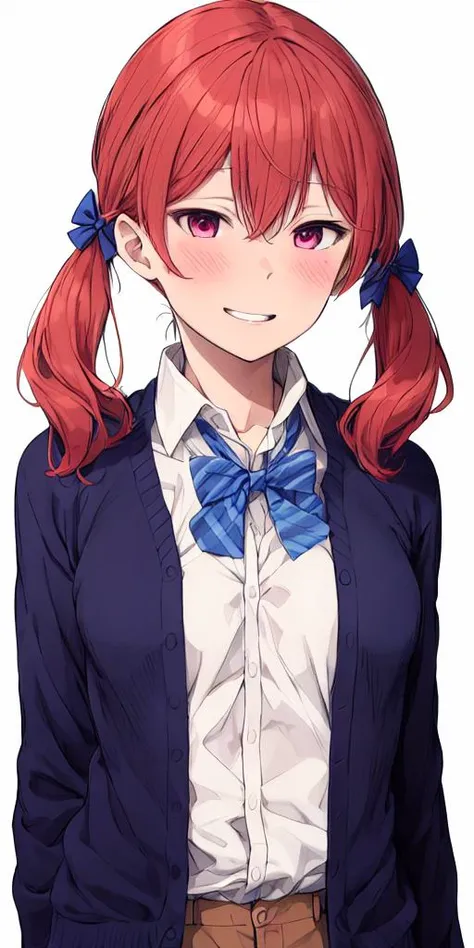 kitakami futaba,<lora:kitakami futaba:0.7>,1girl, solo, twintails, bow, , blush, arms behind back, bowtie, blue bow, long hair, shirt, grin, striped bow, upper body, cardigan, red hair, striped bowtie, breasts, white shirt, striped, hair between eyes, hair bow, blue bowtie, medium breasts, collared shirt,<lora:flat2:-0.5>,<lora:boldline2:-0.5>,<lora:saturation:0.5>,<lora:noline:-0.5>,<lora:flatBG:0.5>,<lyco:kotobuki:-0.75>