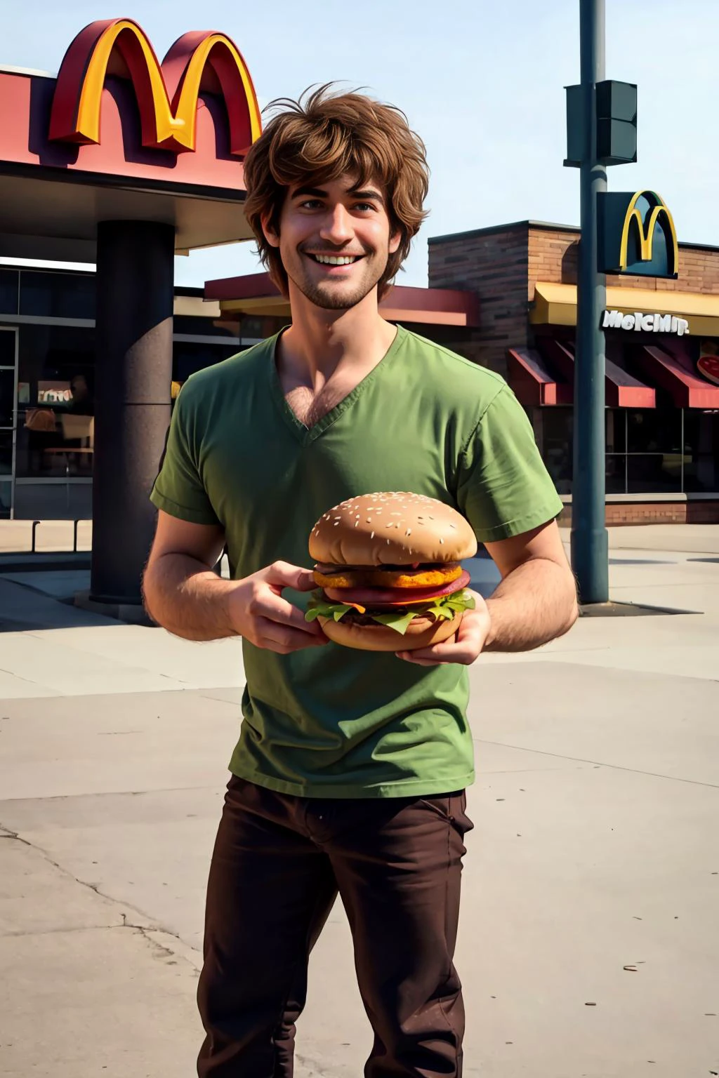 32K, critically acclaimed, masterpiece, everyday moments, photograph of, 1man, <lora:Shaggy:0.80> Shaggy, stubble, green shirt, brown pants, solo, smiling, male focus, looking left, afro, (naturalfro:1.05 haircut), (1970s fashion), parking lot, mcdonalds background, <lora:afrohelperv2:0.75> bokeh, <lora:IncomingValentineGiftPOVOneHandV3:0.65> IncrsGift, incoming gift, holding burger, closeup