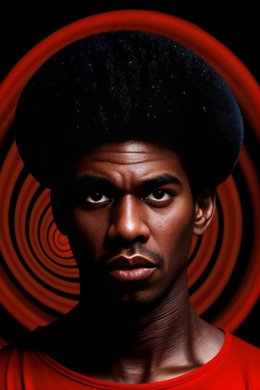 32K, critically acclaimed, masterpiece, dramatic headshot, photograph of, african, 1man, solo, male focus, black hair, (pickedfro:1.05 haircut), looking at viewer, (black background, red spiral background, pop art background), <lora:afrohelperv2:1>