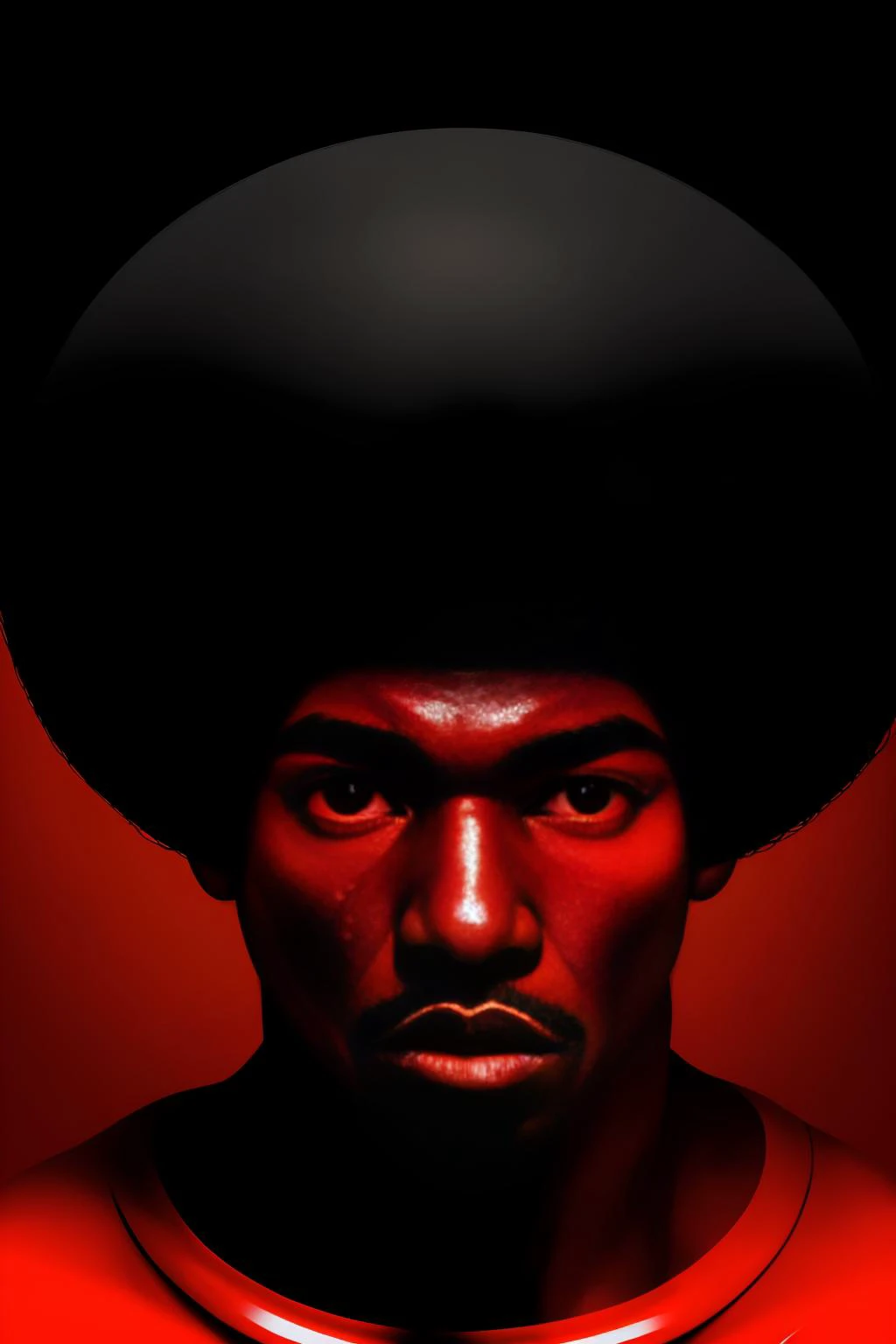 32K, critically acclaimed, masterpiece, dramatic headshot, photograph of, african, 1man, solo, male focus, black hair, (pickedfro:1.05 haircut), looking at viewer, (black background, red spiral background, pop art background), <lora:afrohelperv2:1>