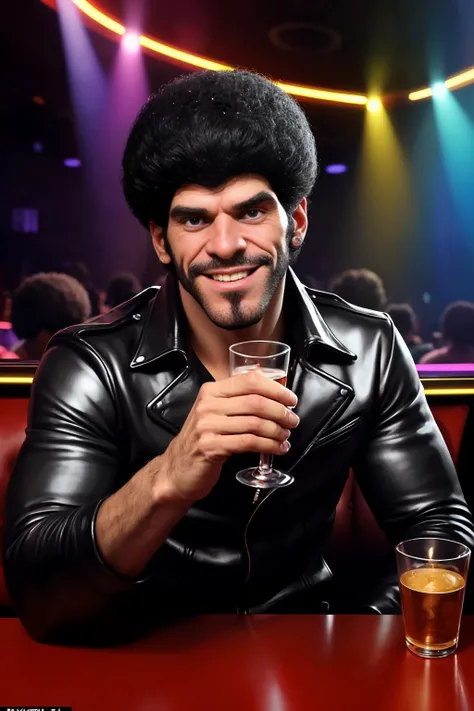 32K, critically acclaimed, masterpiece, everyday moments, photograph of, 1man, johsin, solo, smiling, male focus, looking left, very dark black afro, (pickedfro:1.05 haircut), (1970s fashion), nightclub background, <lora:afrohelperv2:0.9> holding a full shot glass