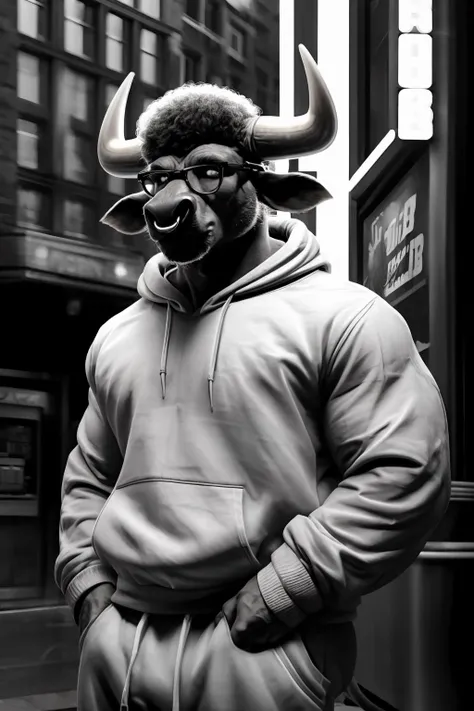 32K, Masterpiece, cinematic lighting, ((monochrome)), (red shading), perfect shading, art station enhanced, visually arresting photograph of <lora:diffwowv1:0.75> diffwow, dark skin, dark-skinned male, bald head, freckles, black glasses, stainless steel nose piercing, jewelry, ((with a huge afro)), (pickedfro:1.05 haircut), neutral expression, male focus, sweatpants, sweatshirt with (hood down), standing, metropolitan background, hands in pockets, close up <lora:minotaur_v0.1b:0.85> as a minotaur, horns, animal ears, bovine human <lora:afrohelperv2:0.85>