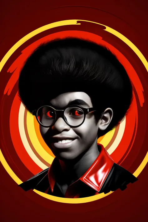 32K, critically acclaimed, masterpiece, dramatic headshot, photograph of, african, 1boy, teen, glasses, solo, smiling, male focus, black hair, (pickedfro:1.05 haircut), looking at viewer, (black background, red spiral background, pop art background),  <lora:afrohelperv2:0.75>