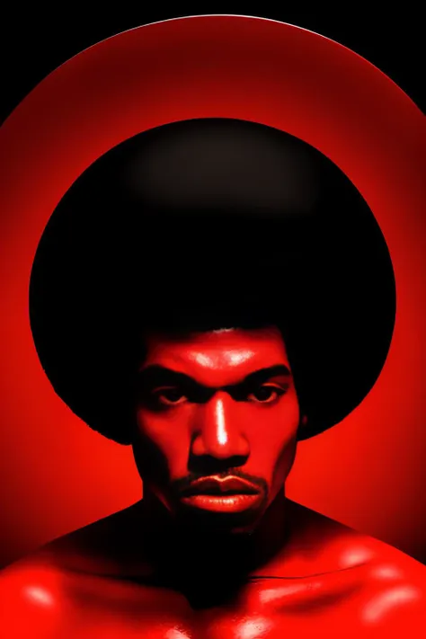 32K, critically acclaimed, masterpiece, dramatic headshot, photograph of, african, 1man, solo, male focus, black hair, (pickedfro:1.05 haircut), looking at viewer, (black background, red spiral background, pop art background),  <lora:afrohelperv2:1>