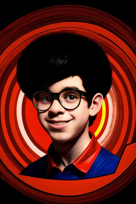 32K, critically acclaimed, masterpiece, dramatic headshot, photograph of, Irish, 1boy, teen, glasses, solo, smiling, male focus, black hair, (pickedfro:1.05 haircut), looking at viewer, (black background, red spiral background, pop art background),  <lora:afrohelperv2:0.75>