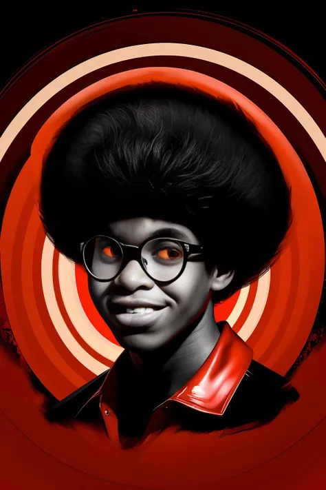 32K, critically acclaimed, masterpiece, dramatic headshot, photograph of, african, 1boy, teen, glasses, solo, smiling, male focus, black hair, (pickedfro:1.05 haircut), looking at viewer, (black background, red spiral background, pop art background),  <lora:afrohelperv2:0.9>