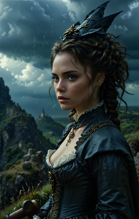 (masterpiece, absurdres, highres, ultra detailed), 1woman, wavy dark hair, adult, black eyes, focus,handsome face, yennefer the witcher, charming, detailed eyes and face, angry expression, sky background, looks like Kaya Scodelario, ghostly ethereal look