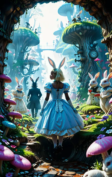 imagine, dream of,  cinematic photo vaporwave style fantasy art by James Paick and Ronald Wimberly, Expressive Senegalese (a crowd of alice in wonderland following the rabbit down a hole full of miraculous wonders:1.1) , cinematic, futuristic, detailed, sci-fi, Graphic novels, dynamic, experimental storytelling, In James Paick and Ronald Wimberly's fantasy art, we see a captivating scene from the graphic novel Alice in Wonderland. The artist has skillfully used a variety of colors and shading techniques to bring to life a group of characters who seem to be following the white rabbit down a . retro aesthetic, cyberpunk, vibrant, neon colors, vintage 80s and 90s style, highly detailed . 35mm photograph, film, bokeh, professional, 4k, highly detailed